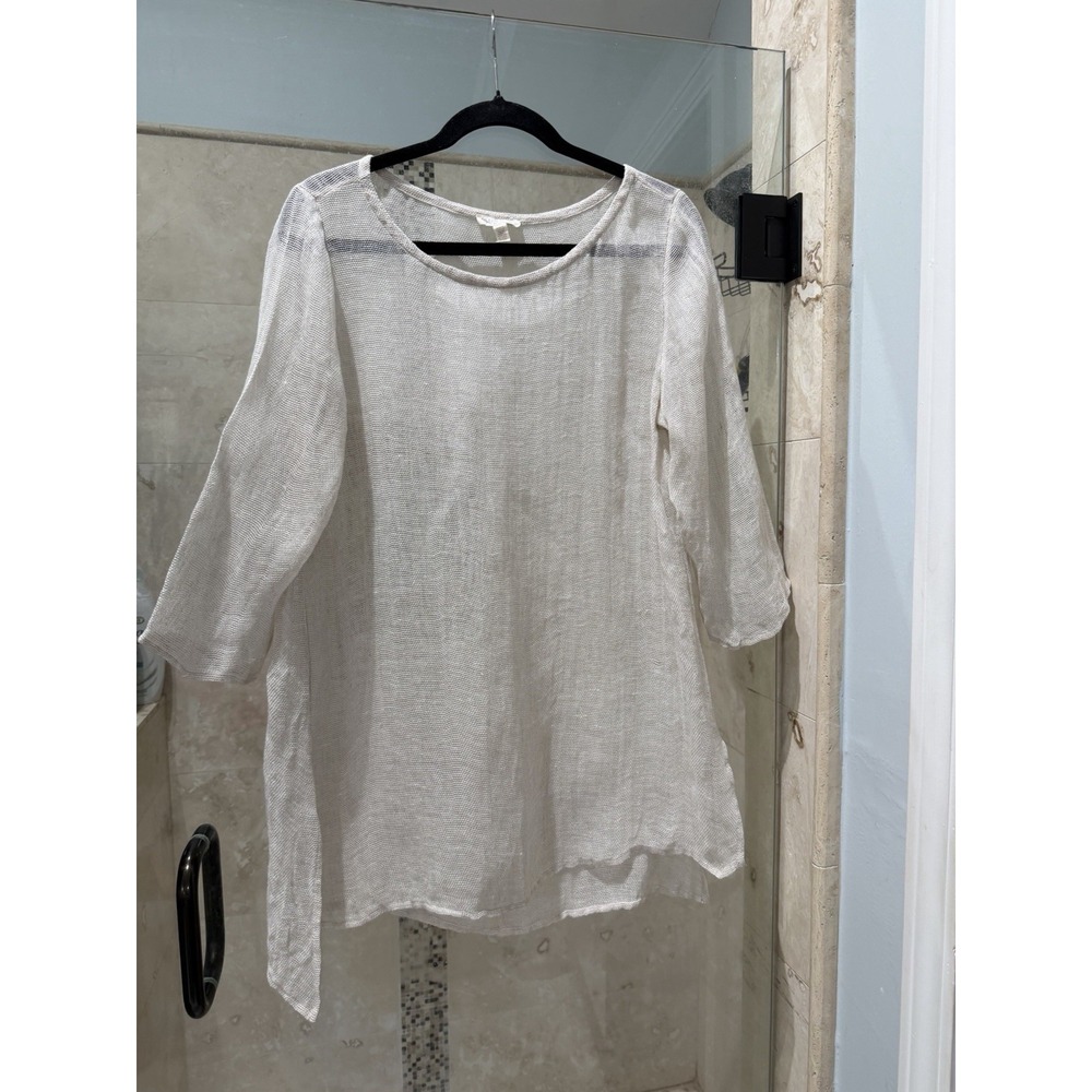Eileen Fisher Organic Linen 3/4 Sleeve Top Cream PL Asymmetrical Hem Blouse